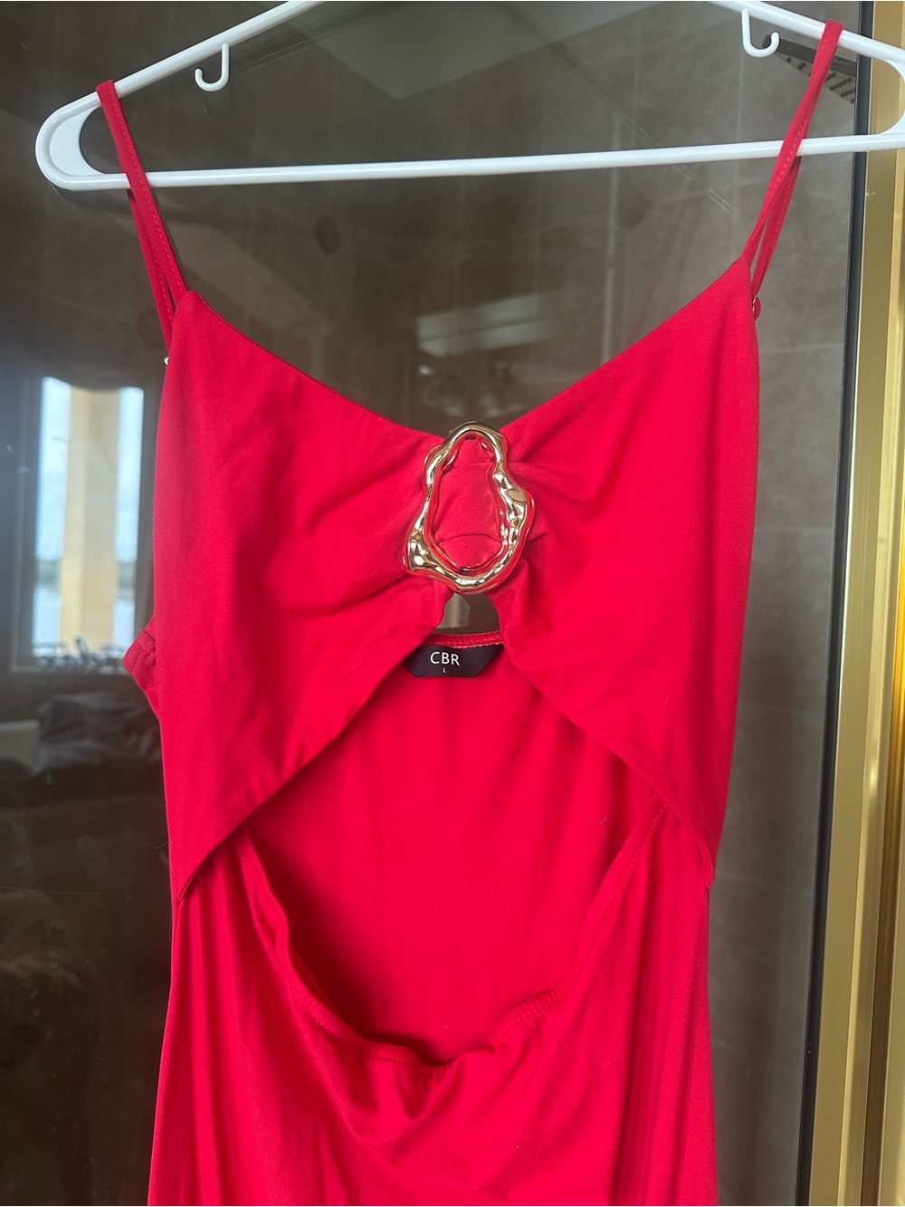 CBR Bright Red Backless Spaghetti-Strap Dress with Gold Ring
